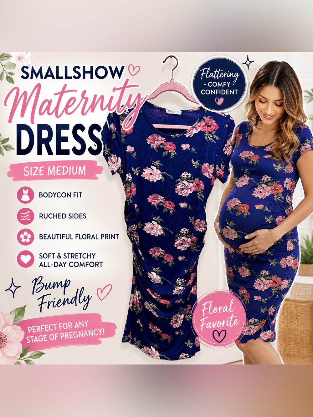 Smallshow Maternity Dress Blue Floral Bodycon Ruched Side Midi Dress-Medium